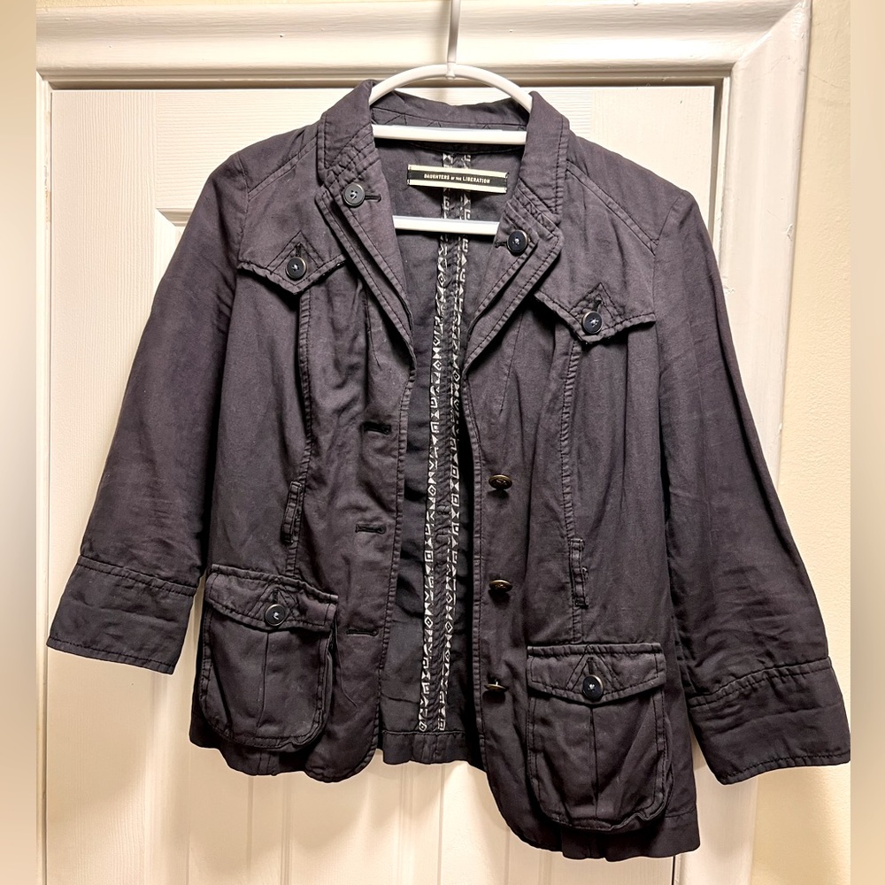 Size 2 navy anthropology daughters of the liberation jacket blazer 3/4 sleeve